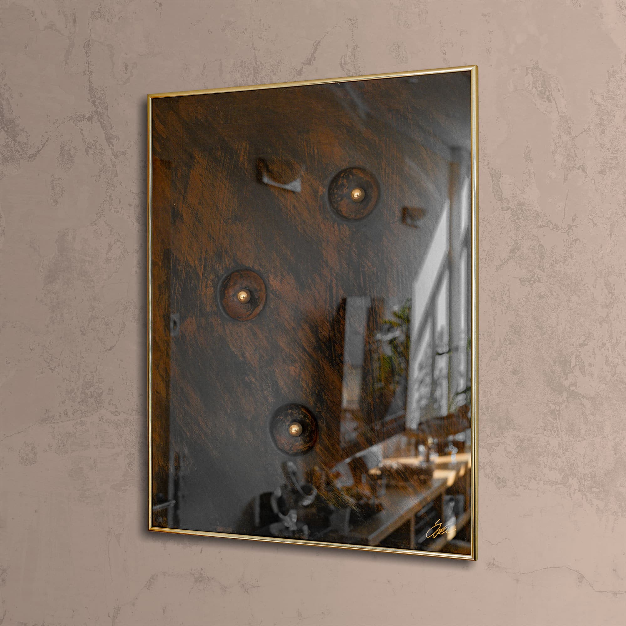 Wohnzimmer Deko - Stahlbild bzw. Bild aus Metall mit dem Namen „hinter Glas“ aus der Reihe Kugeln von Daniel Springer.