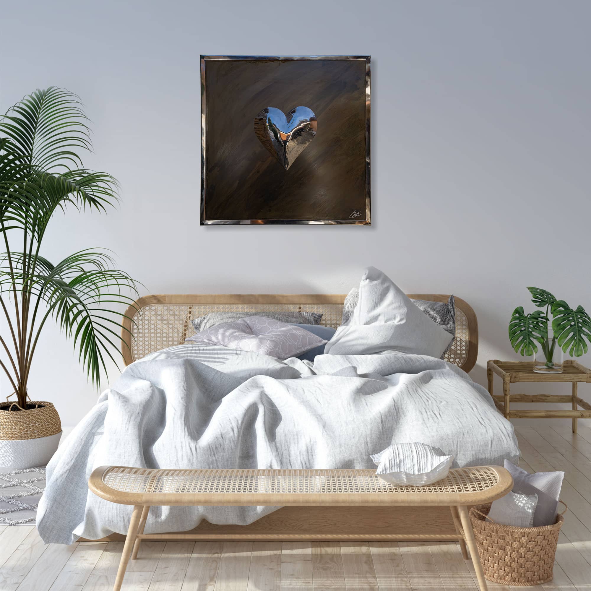 Schlafzimmer Deko – Stahlbild bzw. Bild aus Metall mit dem Namen „Herz 1" aus der Reihe Edelstahl von Daniel Springer.