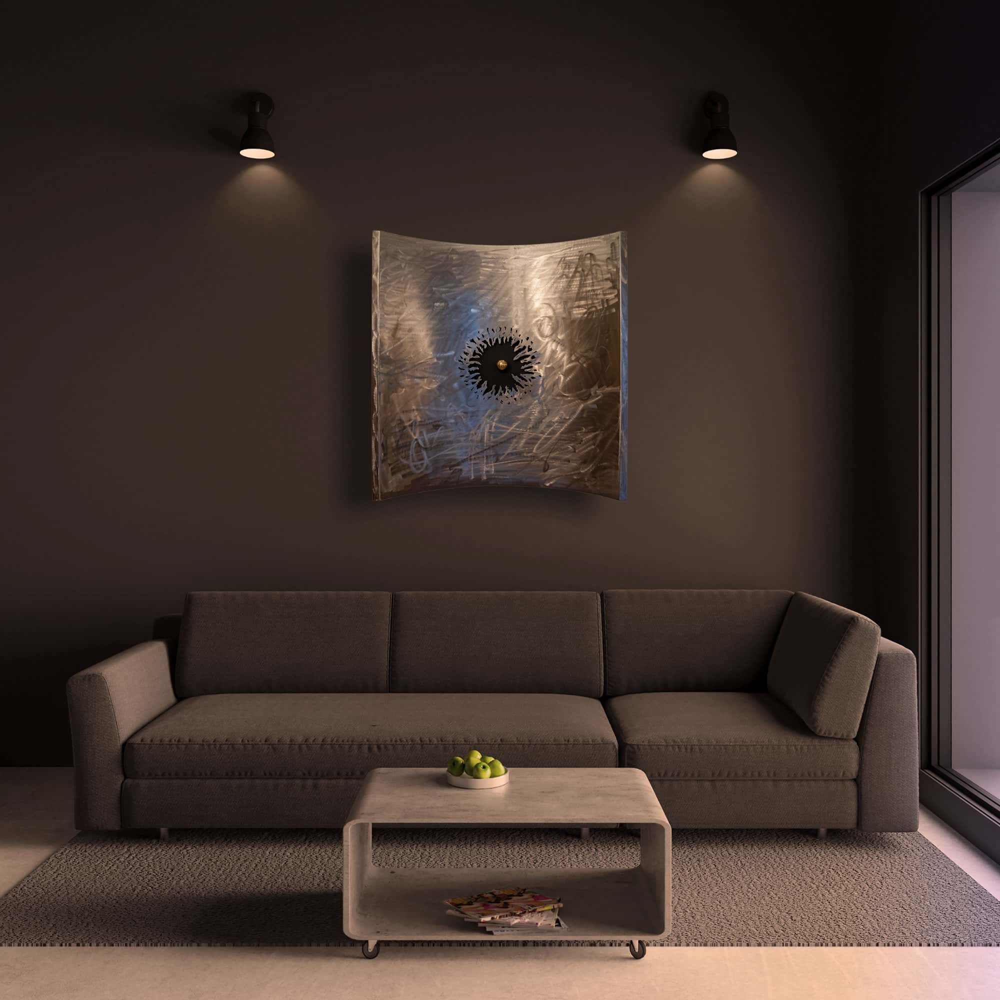 Wohnzimmer Deko - Stahlbild bzw. Bild aus Metall mit dem Namen „gebogen“ aus der Reihe Kugeln von Daniel Springer.
