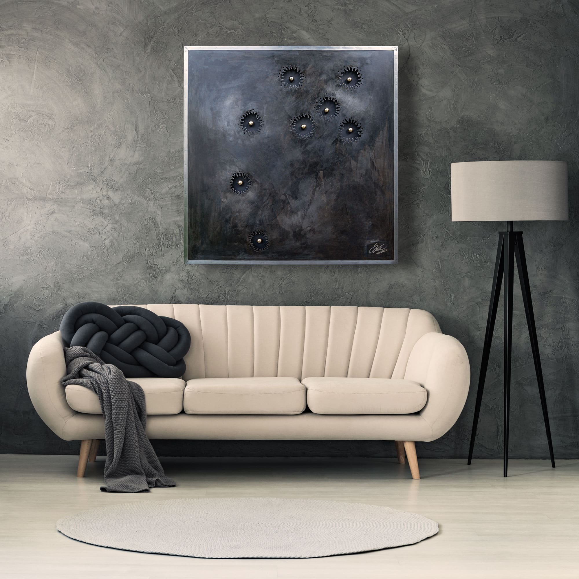 Wohnzimmer Deko - Stahlbild bzw. Bild aus Metall mit dem Namen „Plasma“ aus der Reihe Kugeln von Daniel Springer.