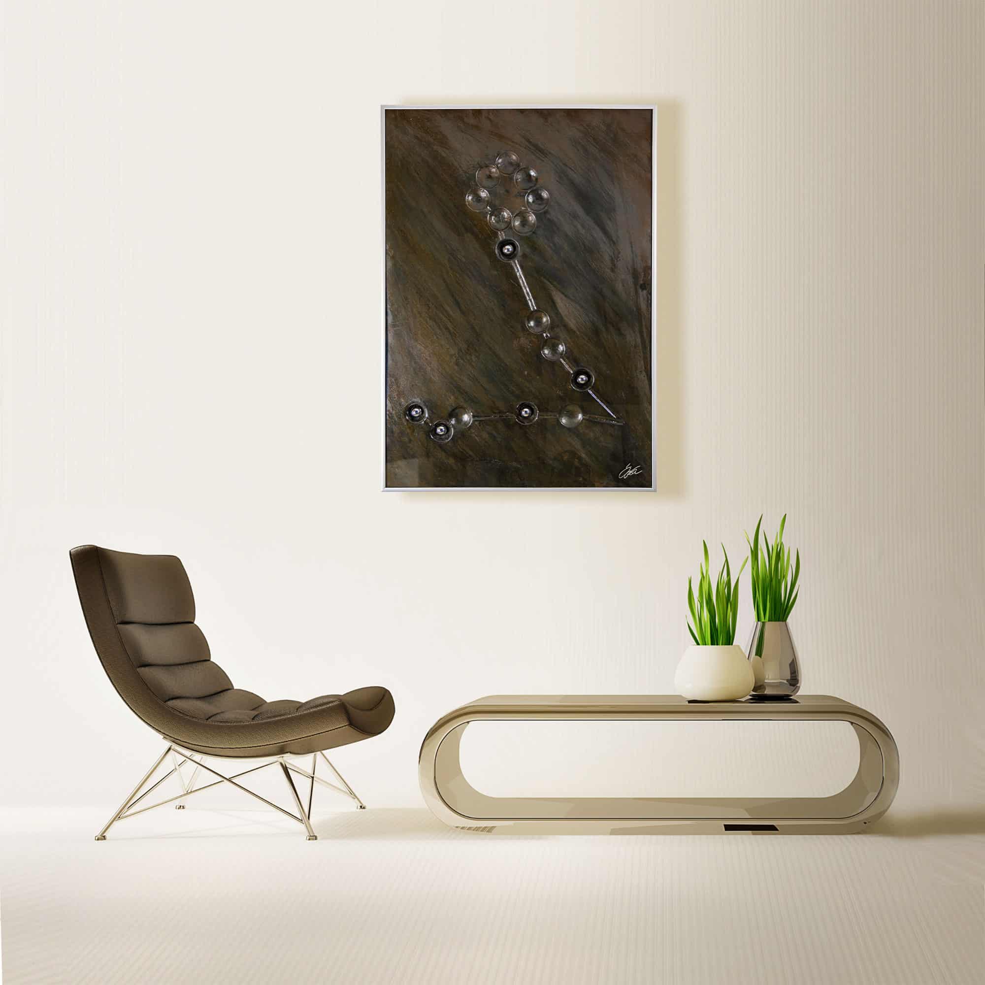 Wohnzimmer Deko Designer Tisch - Stahlbild bzw. Bild aus Metall mit dem Namen „Fische“ aus der Reihe Sternbilder von Daniel Springer. Das Metallbild zeigt das Sternzeichen der Fische.