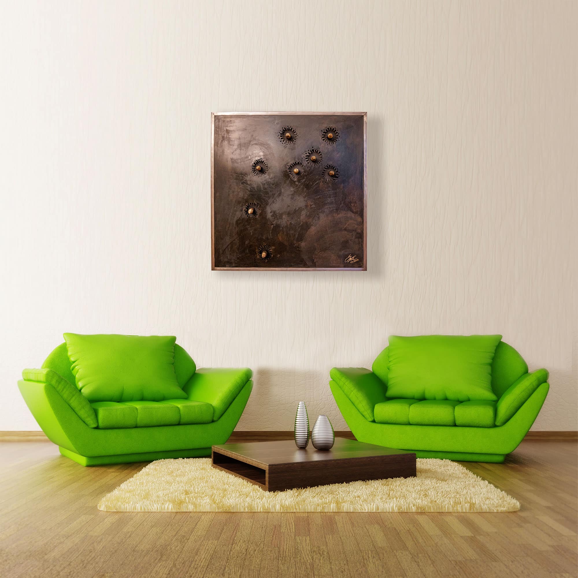 Wohnzimmer Deko - Stahlbild bzw. Bild aus Metall mit dem Namen „Projektil“ aus der Reihe Kugeln von Daniel Springer.