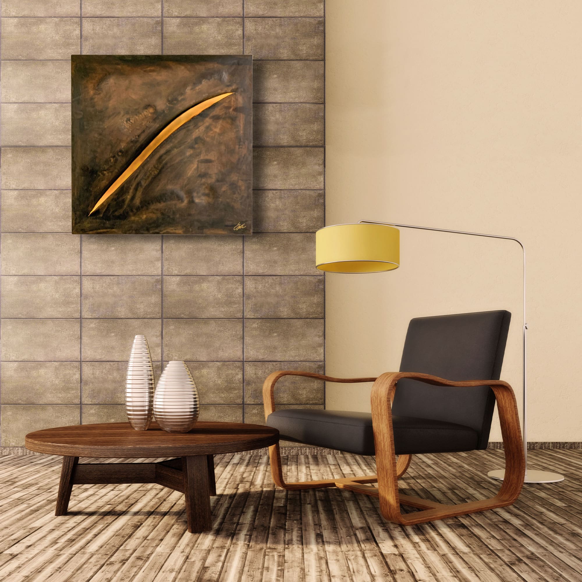 Wohnzimmer Deko - Stahlbild bzw. Bild aus Metall mit dem Namen „Schnitt-1“ aus der Reihe Schnitt von Daniel Springer.