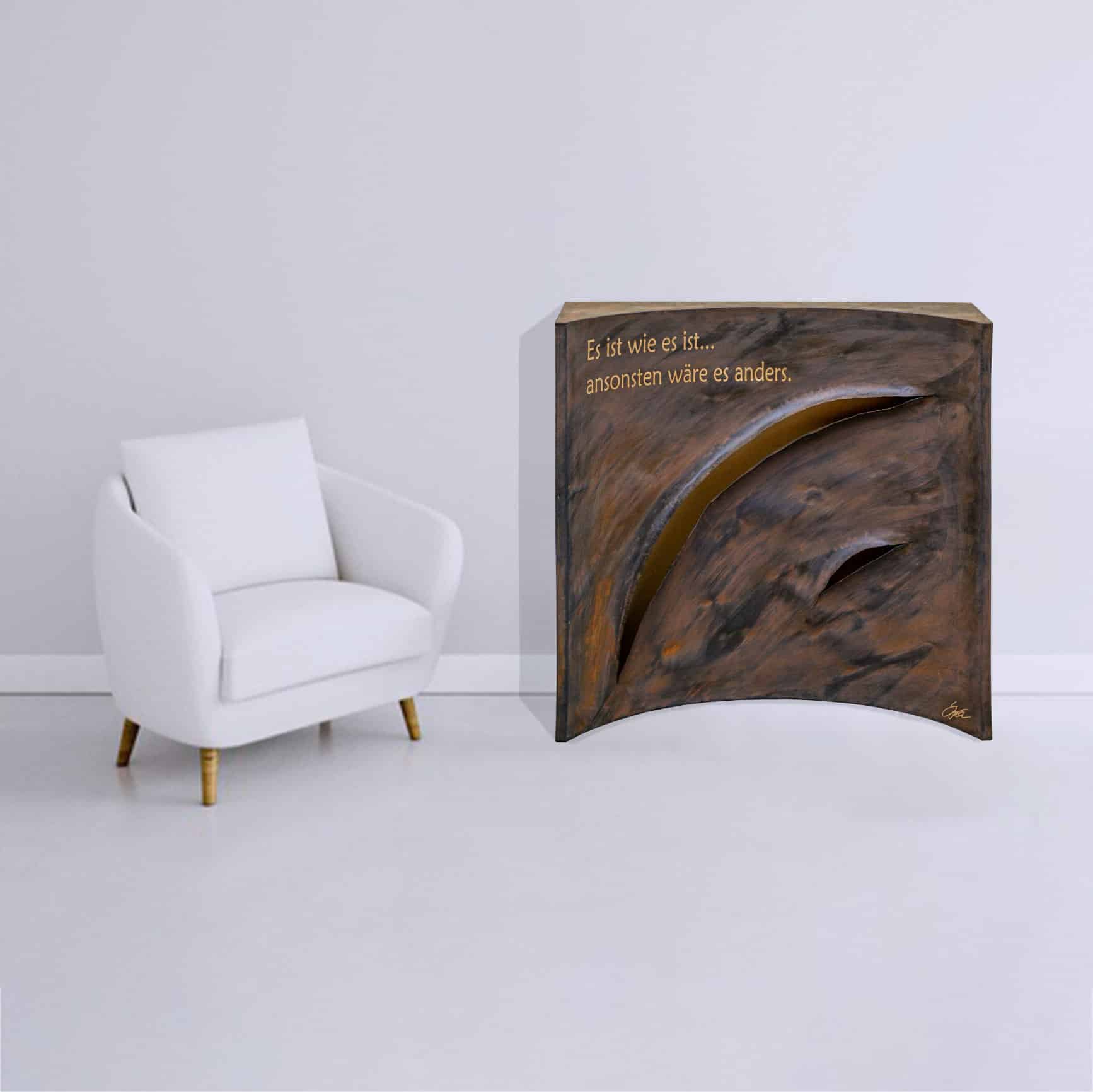 Wohnzimmer Deko – Stahlbild bzw. Bild aus Metall mit dem Namen „Es ist wie es ist…" aus der Reihe Schnitt von Daniel Springer.