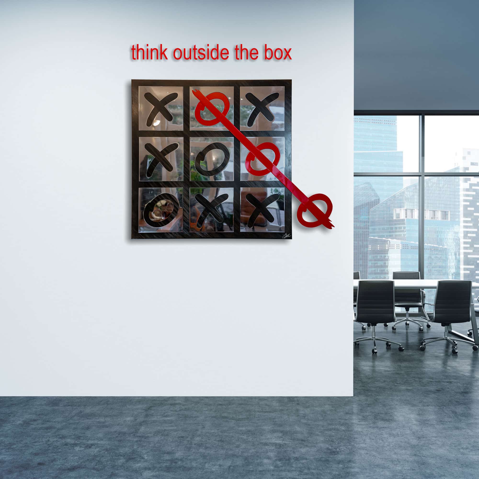 Stahlbild bzw. Bild aus Metall mit dem Namen „think outside the box“ aus der Reihe Edelstahl von Daniel Springer. Nach dem Spiel Tic-Tac-Toe oder Drei gewinnt.