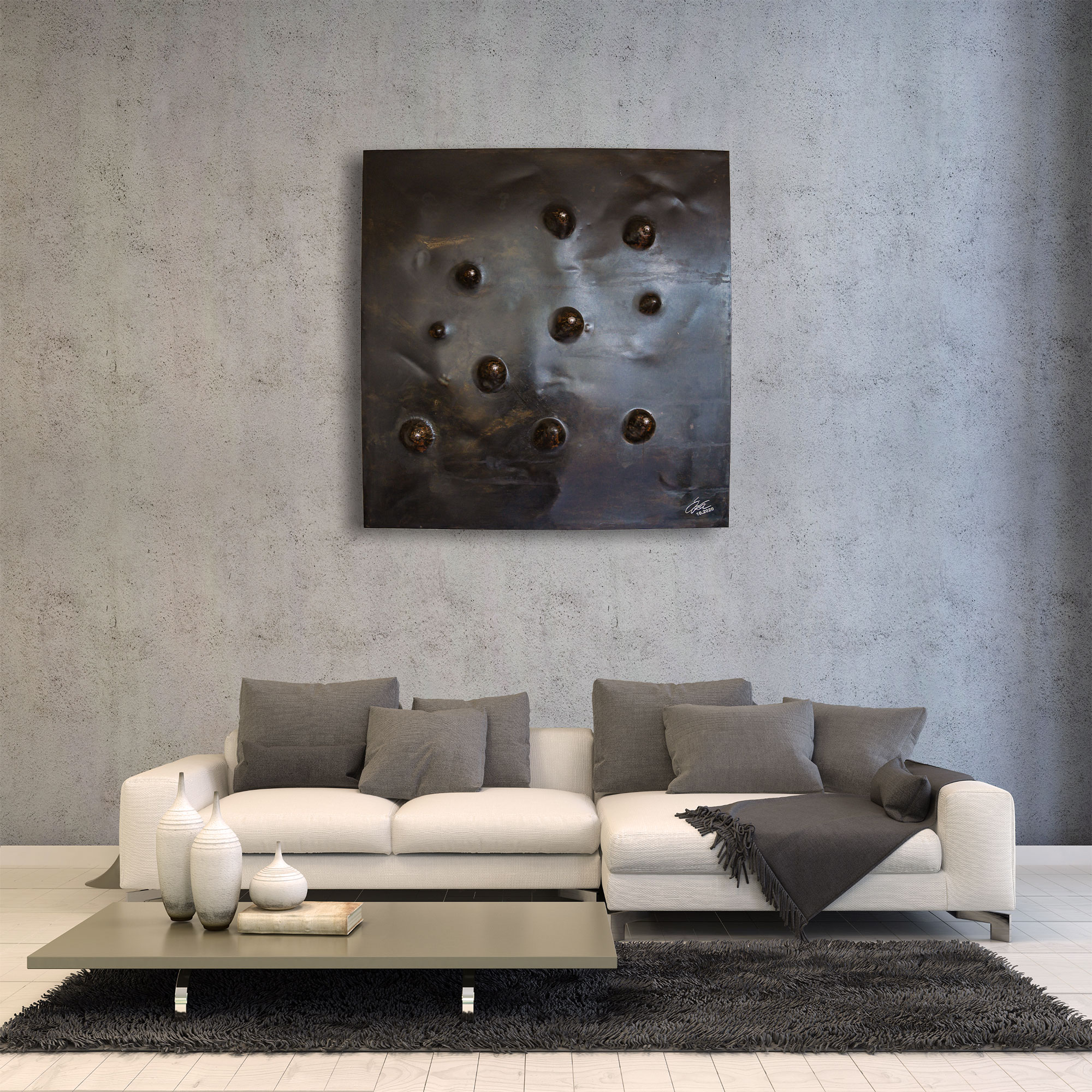 Stahlbild bzw. Bild aus Metall mit dem Namen "45°" aus der Reihe Kugeln von Daniel Springer. Hier in einem Wohnzimmer