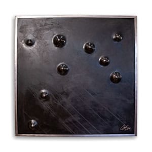 Stahlbild bzw. Bild aus Metall mit dem Namen "Stahlbild #5" aus der Reihe Kugeln von Daniel Springer. Kugeln Silber. Bilderrahmen in Edelstahl. Hier im Shop zu kaufen.