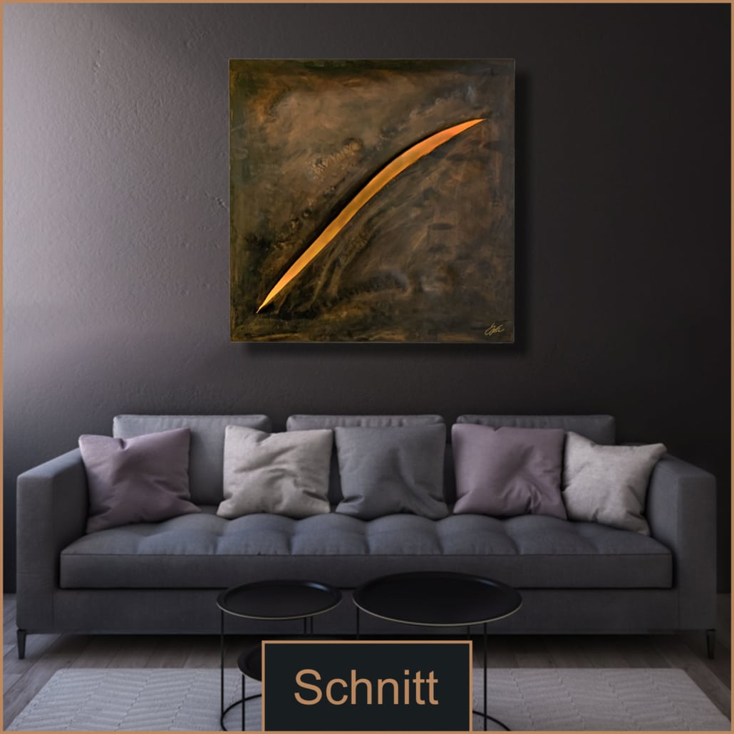 Stahlbild bzw. Bild aus Metall mit dem Namen „Schnitt1“ aus der Reihe Schnitt von Daniel Springer. Hier in einem Wohnzimmer