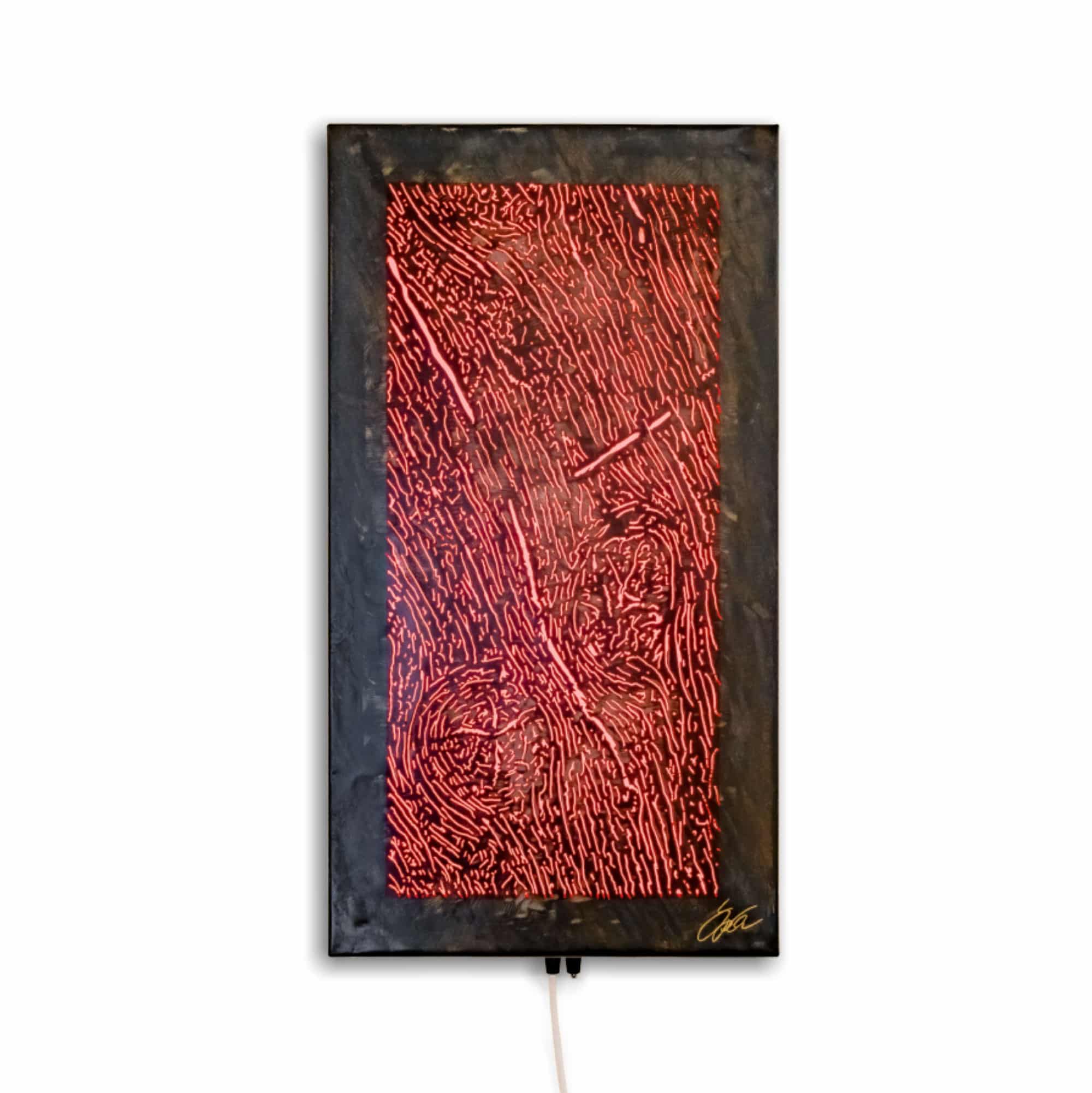 Stahlbild bzw. Bild aus Metall mit dem Namen "Wood" aus der Reihe „noch mehr“ von Daniel Springer. Stahlbild in Holzoptik mit RGB Beleuchtung
