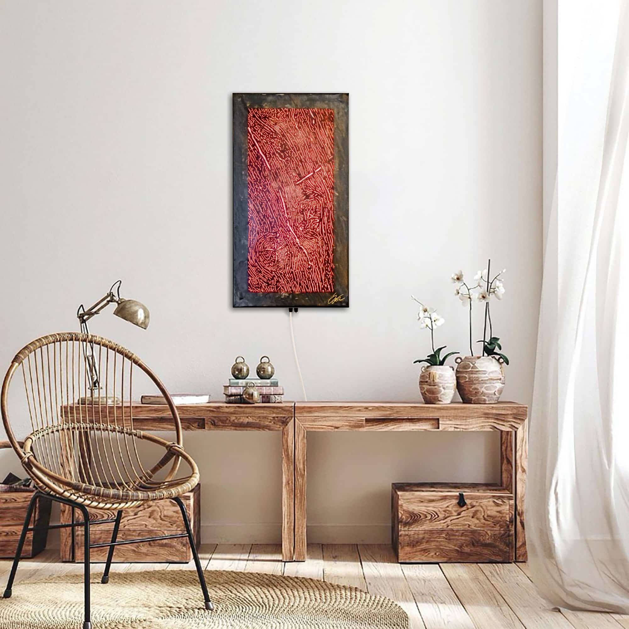 Stahlbild bzw. Bild aus Metall mit dem Namen "Wood" aus der Reihe „noch mehr“ von Daniel Springer. Stahlbild in Holzoptik mit RGB Beleuchtung