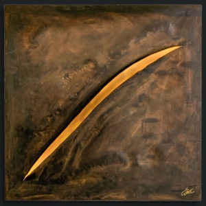 „Schnitt #1“ ein Stahlbild von Daniel Springer - Stahlbild aus der Serie „evolution“ mit LED-Beleuchtung, Oberfläche braun brüniert, Rahmen in Edelstahl 6 cm