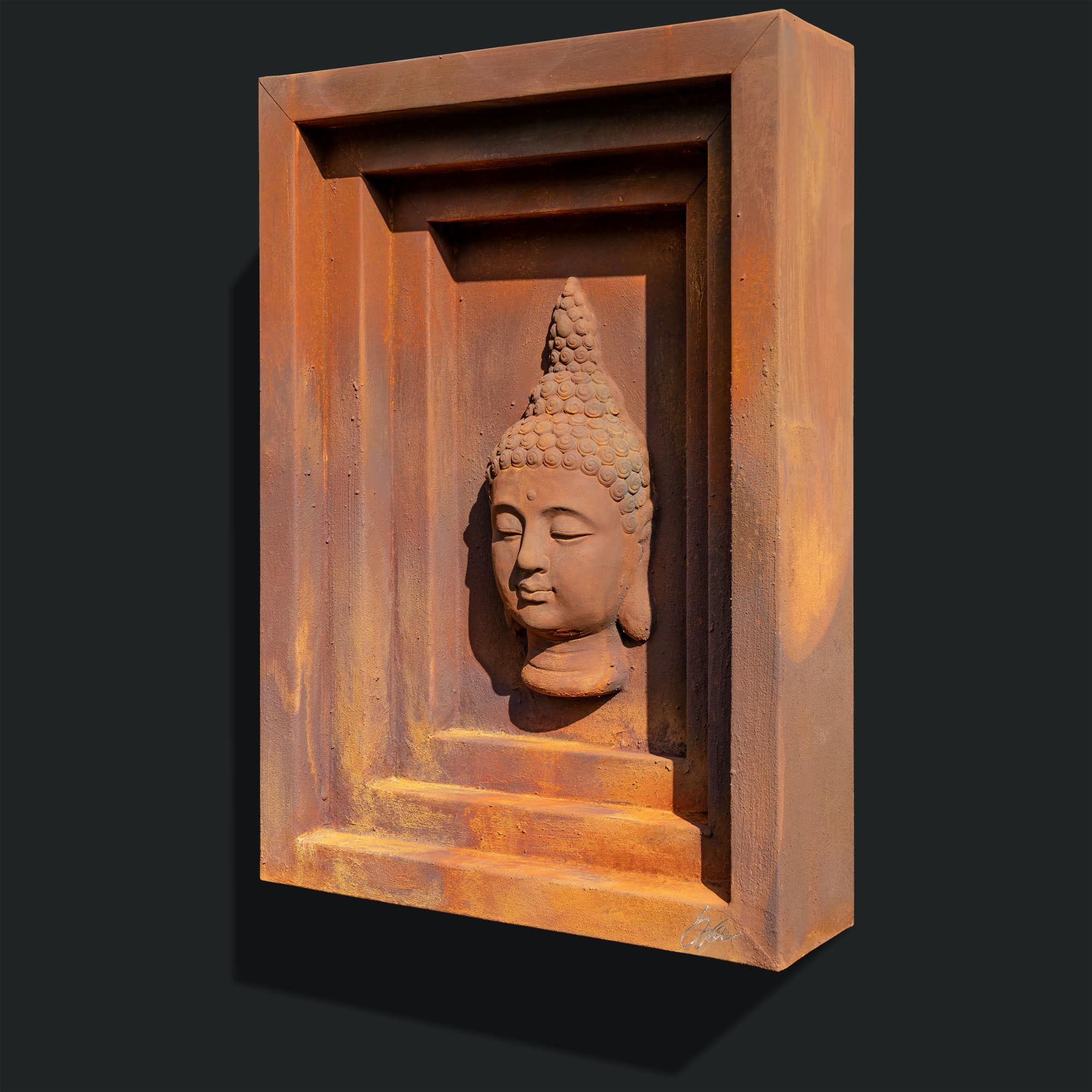 Stahlbild bzw. Bild aus Metall mit dem Namen „Tempel“ aus der Archiv Kollektion von Daniel Springer. Stahlbild mit Rostoberfläche und Buddha Kopf