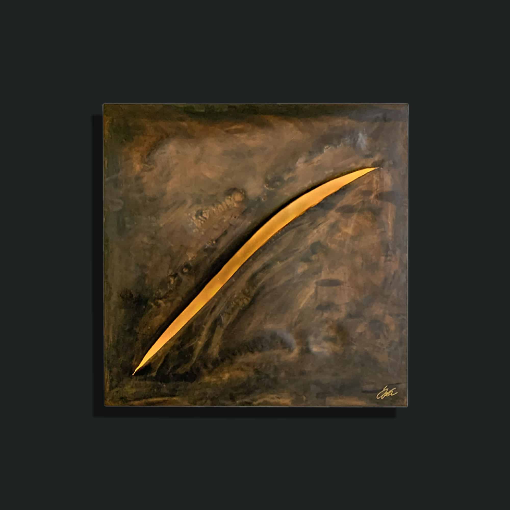 „Schnitt #1“ ein Stahlbild von Daniel Springer - Stahlbild aus der Serie „evolution“ mit LED-Beleuchtung, Oberfläche braun brüniert, Rahmen in Edelstahl 6 cm