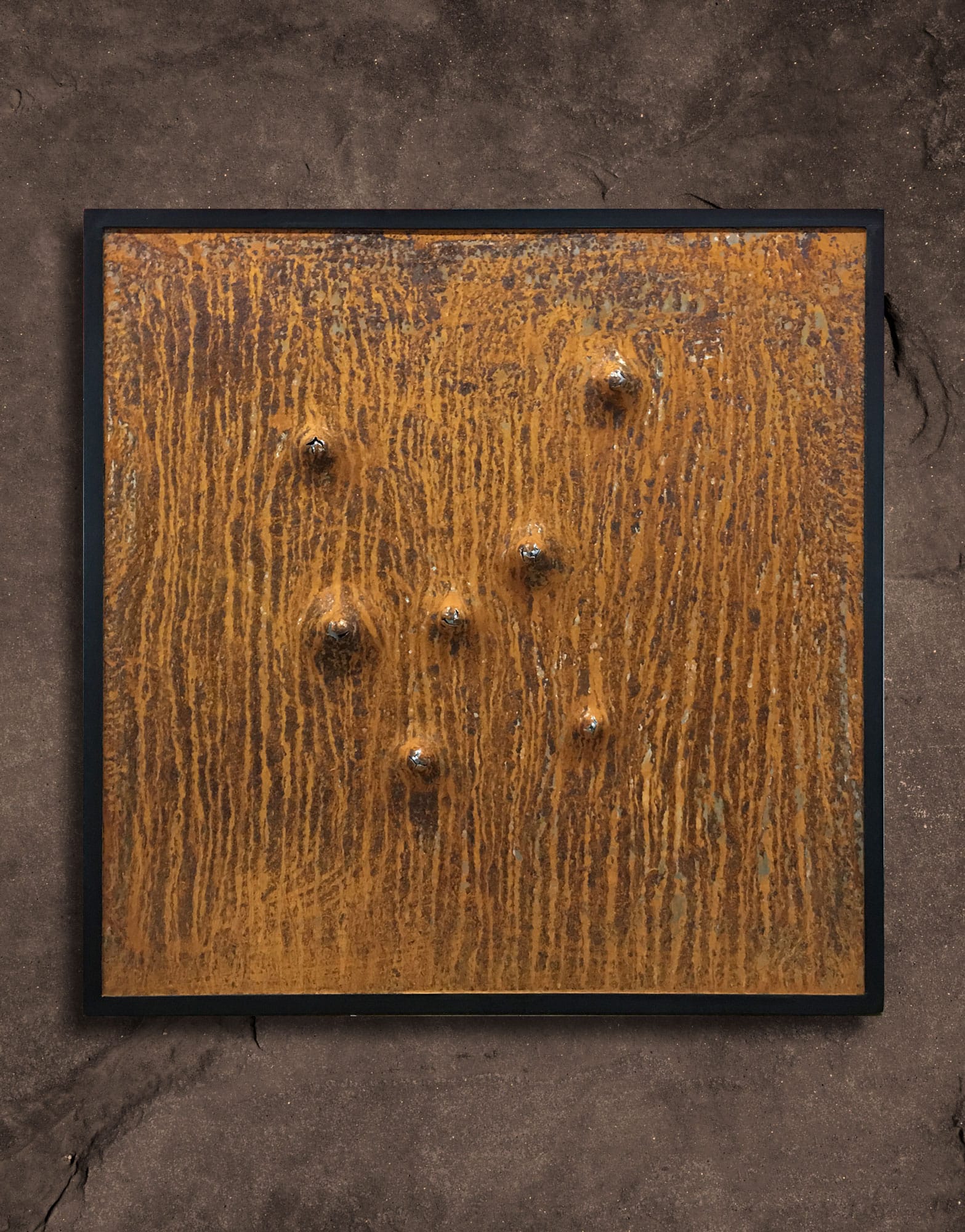 "Rost 1" ein Stahlbild von Daniel Springer - Stahlbild aus der Serie „imagination“ - 7 Kugeln in silber, Oberfläche in Rost natur, Rahmen in Stahl schwarz